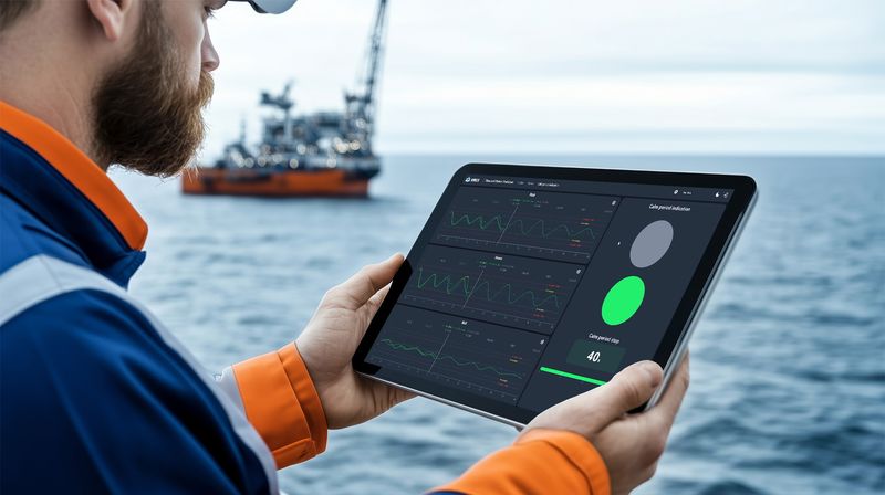 A worker using Miros PredictifAI, a real-time wave and vessel motion prediction system that combines artificial intelligence with radar data.