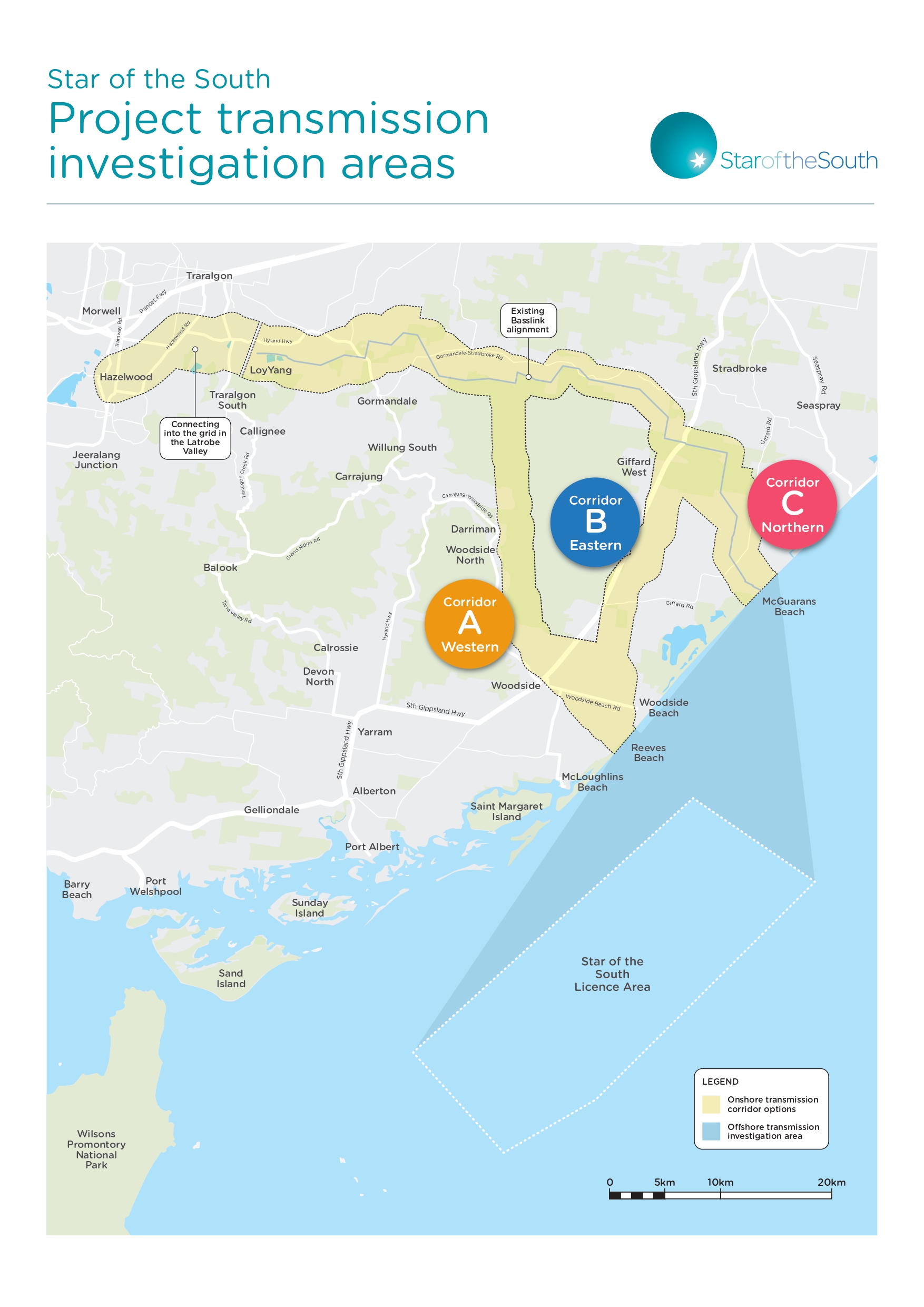 A zoomed in image of a map pinpointing the three transmission corridor locations