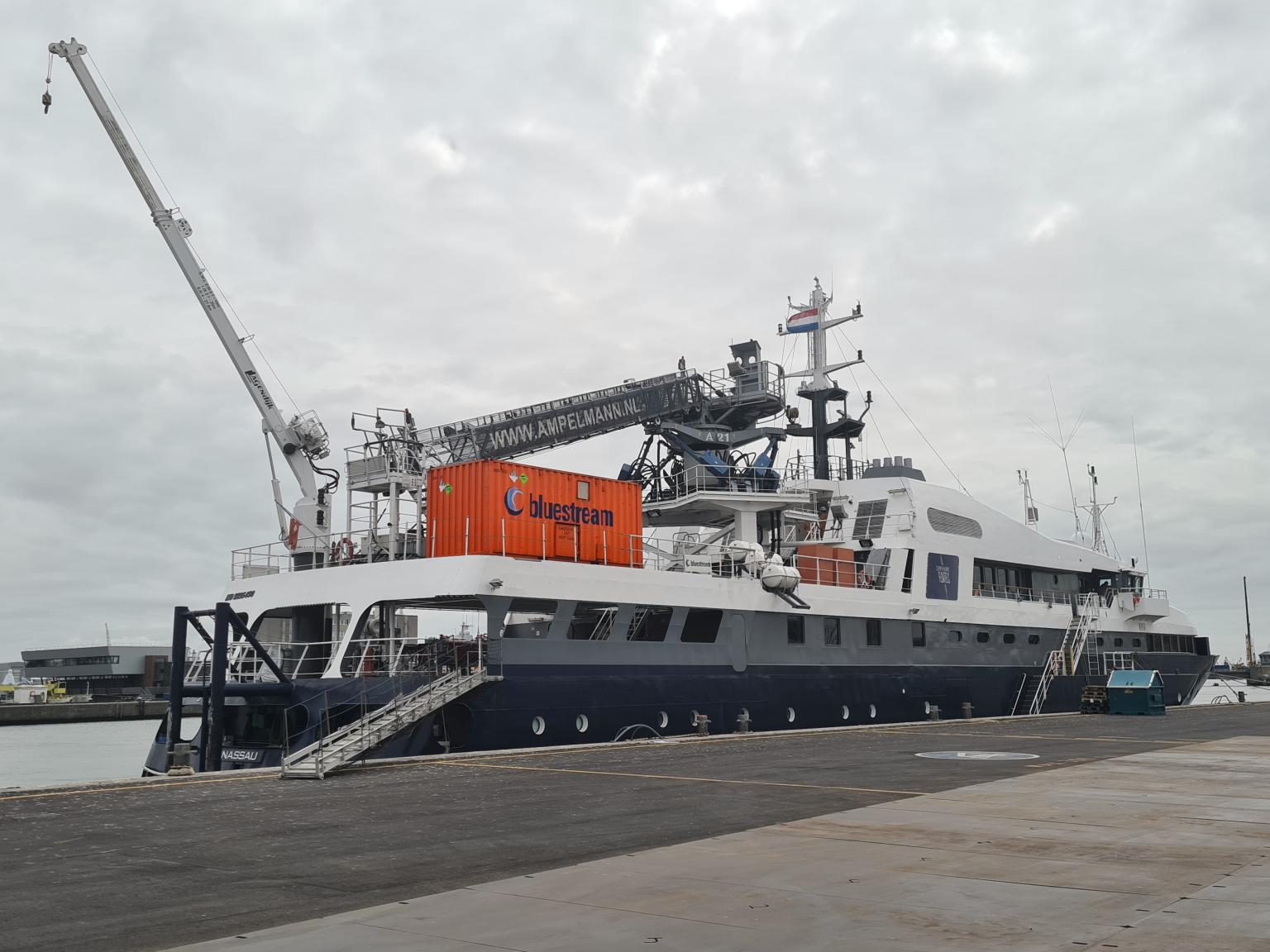 Bluestream equipment loaded onto a Chevalier Floatels vessel at the dock