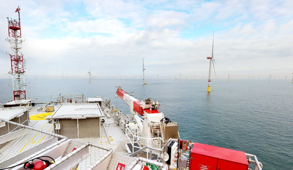 An offshore wind farm photographed from a vessel