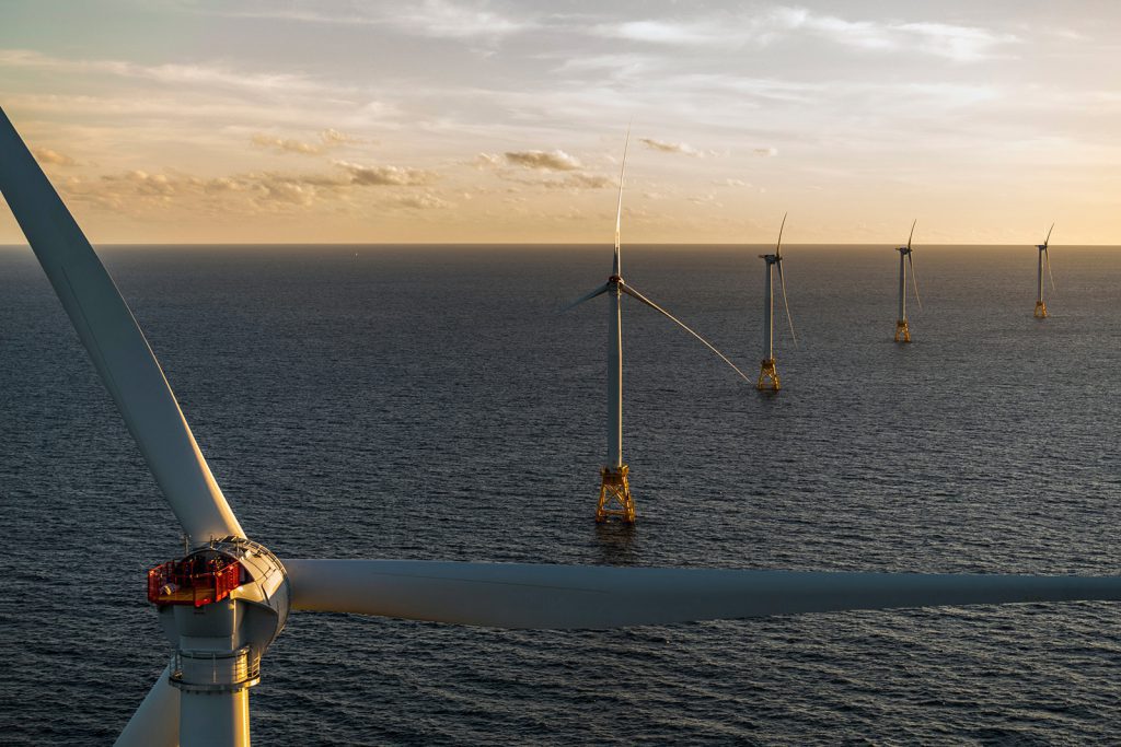 An aerial photo of the Block Island Wind Farm, the first offshore wind farm in the U.S.