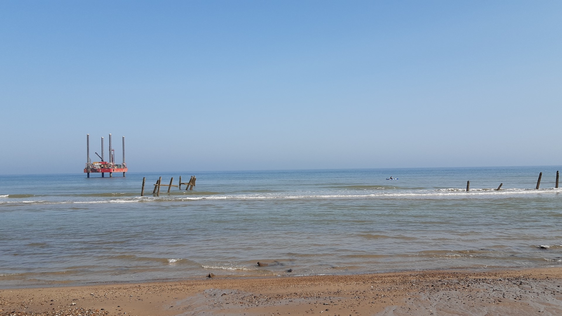 The Haven Seariser 2 jack-up off Happisburgh beach in Norfolk, UK