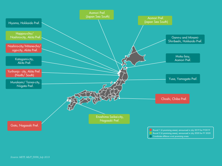 2019 map of candidate offshore wind promotion areas in Japan