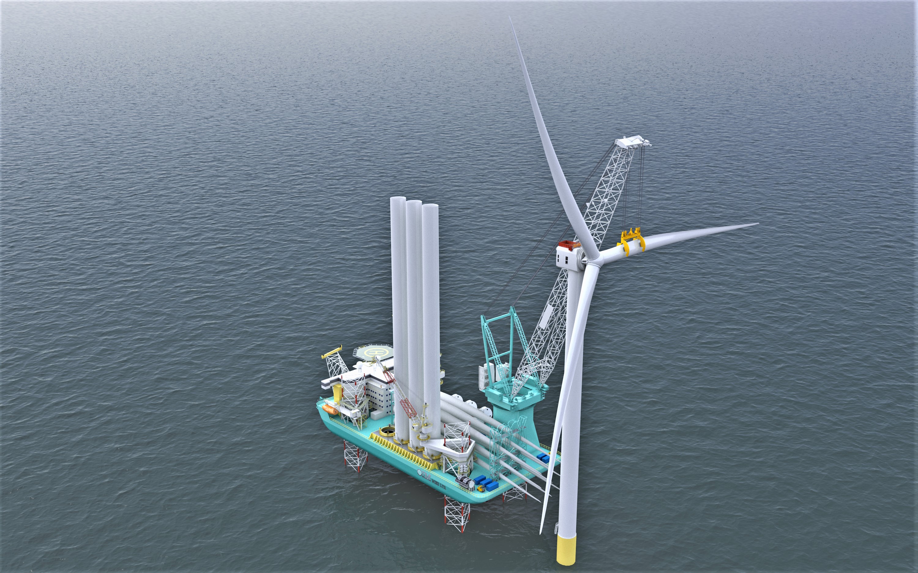 An image rendering new OIM vessel installing a next-generation wind turbine at sea