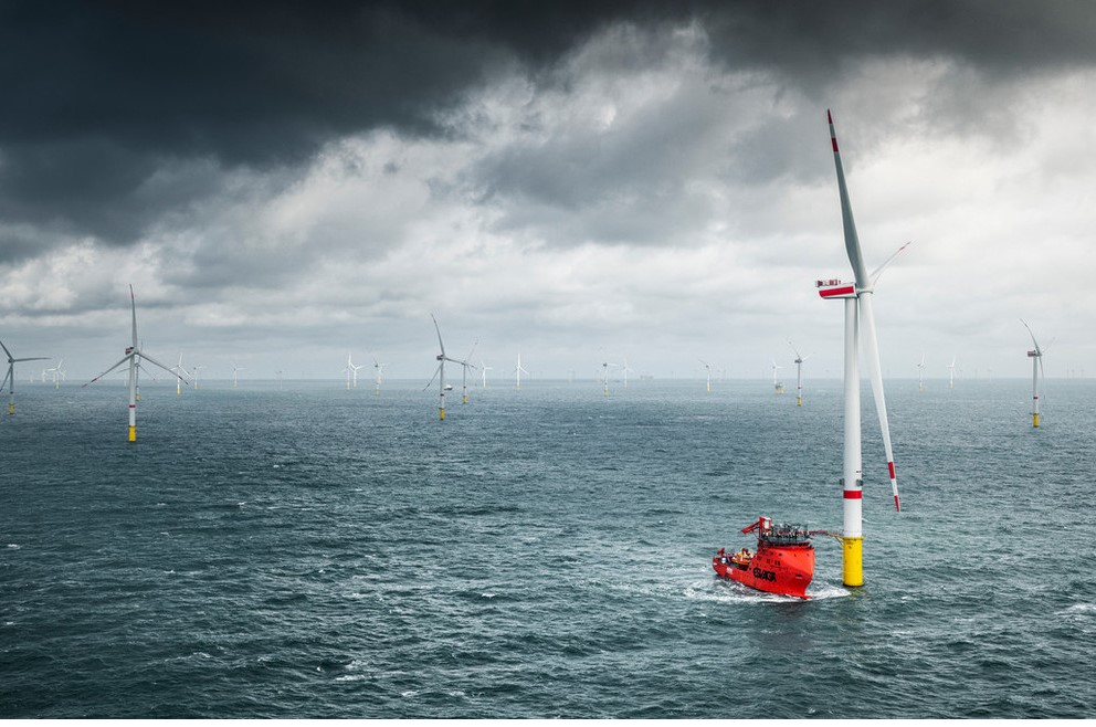An image showing an SOV vessel at an MHI Vestas wind turbine