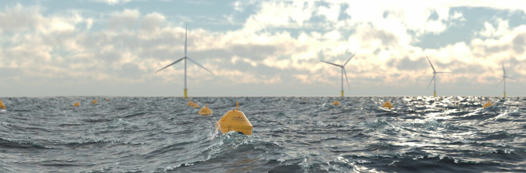 Illustration/Co-located offshore wind and wave farm (Courtesy of CorPower Ocean)
