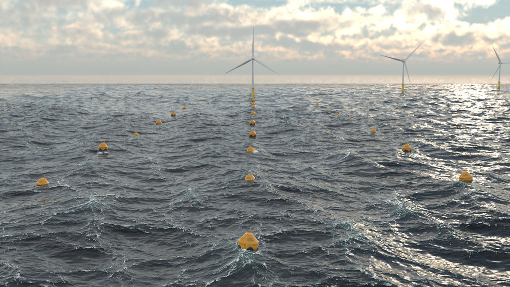 Illustration/Offshore wind farm collocated with wave energy farm (Courtesy of CorPower Ocean)