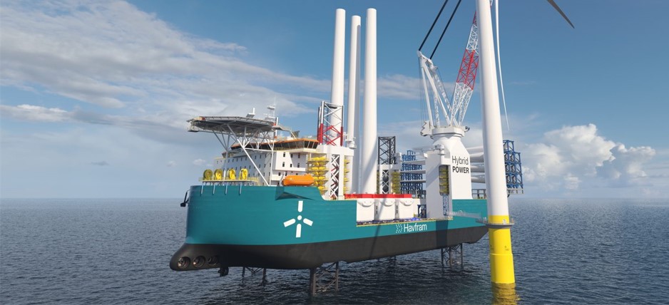 An artist impression of Havfram's new wind turbine installation vessel at work