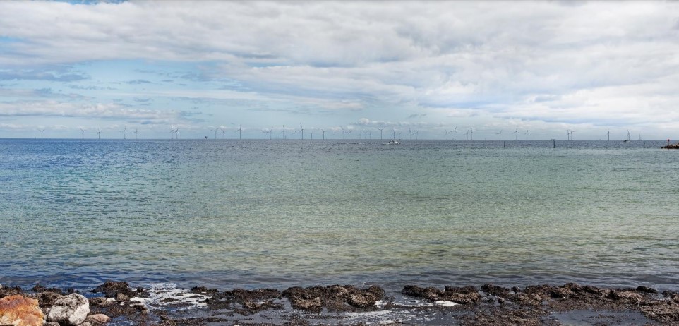 A visualization of the Aflandshage offshore wind farm from the coast