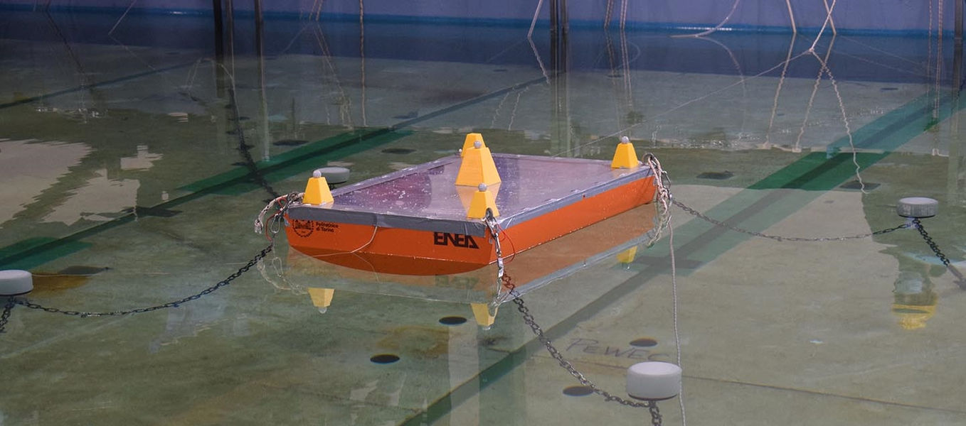 Photo showing PEWEC 2.0 wave energy device during tank trials (Courtesy of ENEA)