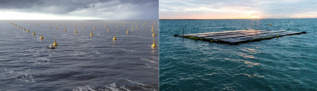 Illustration/CorPower Ocean’s wave energy tech; and Oceans of Energy’s floating solar unit (Courtesy of CorPower Ocean/Oceans of Energy)