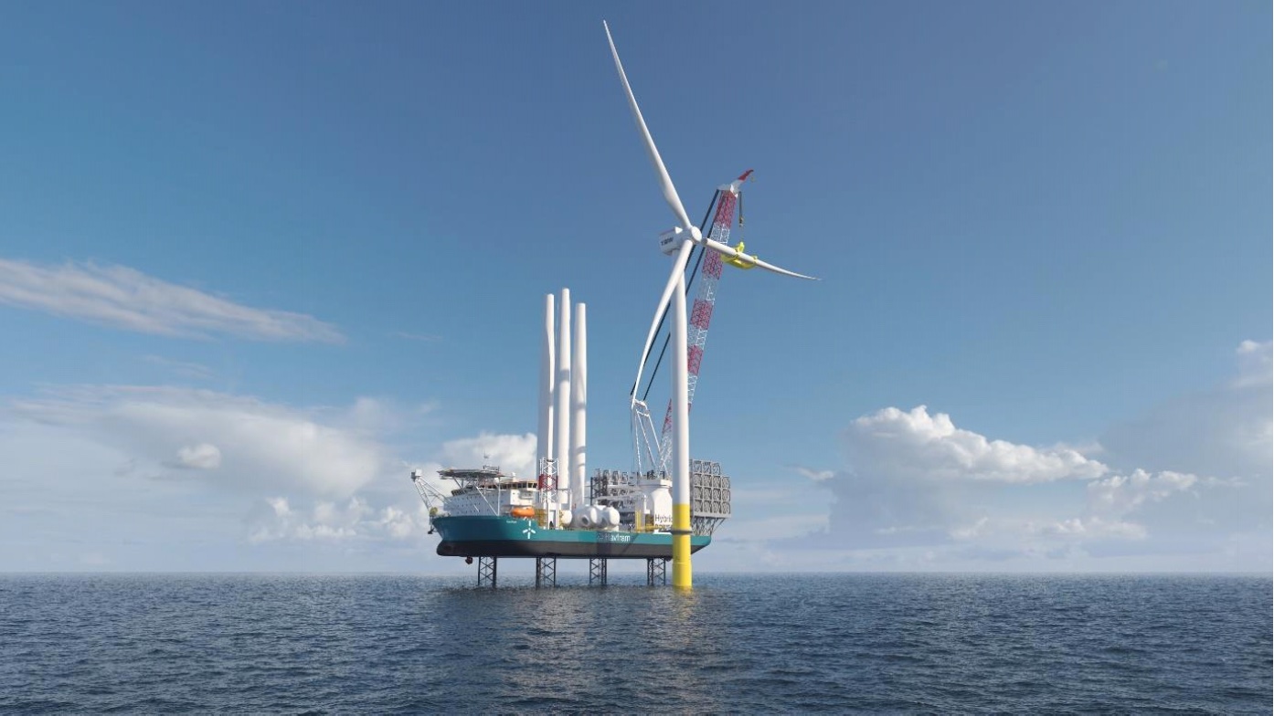An image of Havfram's planned wind turbine installation vessel