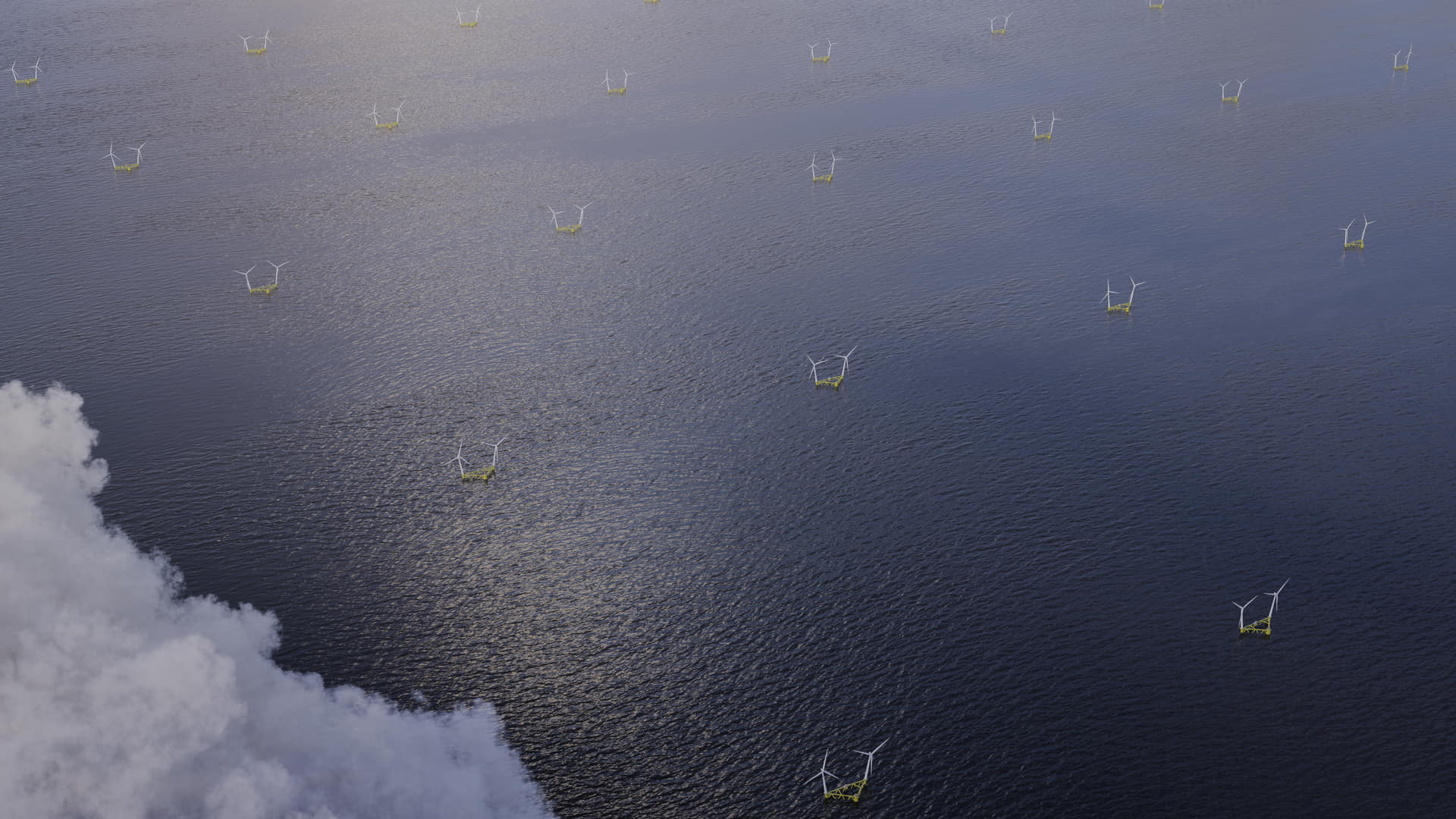A visualization of an offshore wind farm with Hexicon TwinWind floating technology