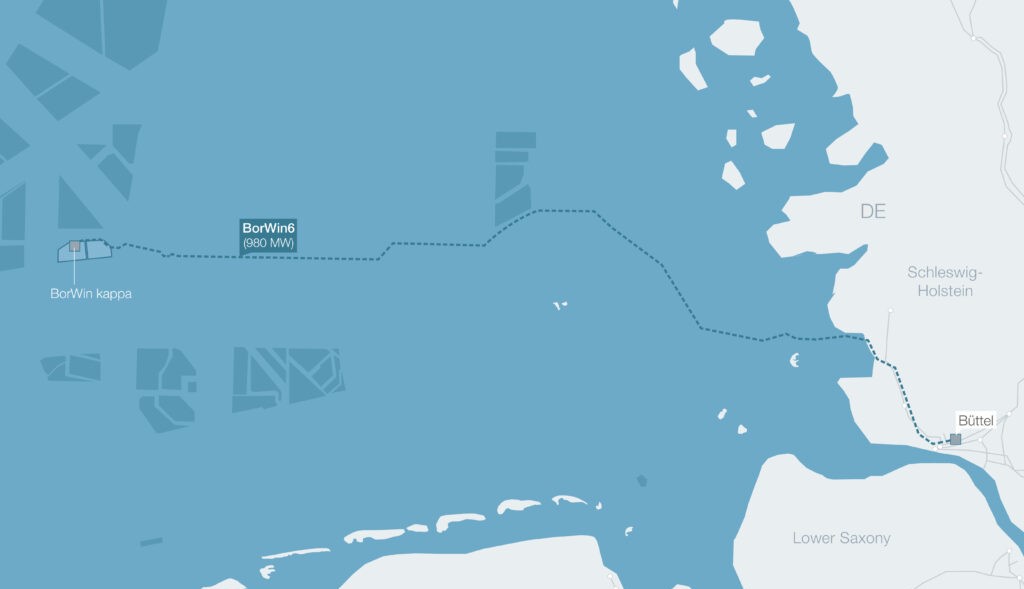 An image mapping the BorWin6 grid connection in Germany