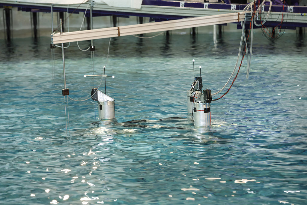 Tank testing of INSPIRE platform – a floating hybrid renewable energy platform (Courtesy of Bombora Wave Power)