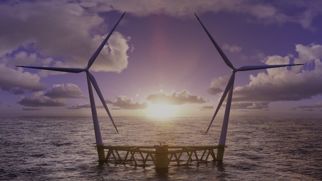 An image rendering of Hexicon's tilted tower floating wind turbine platform