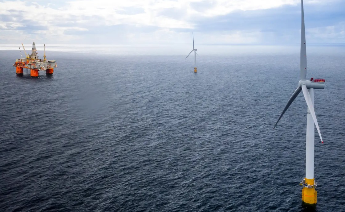 Illustration of Equinor's Hywind Tampen wind farm in the North Sea