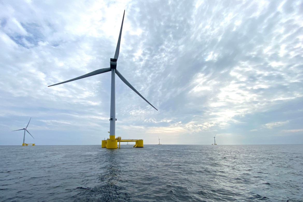 A photo of the Kincardine floating wind farm in Scotland featuring Principle Power's floating foundations