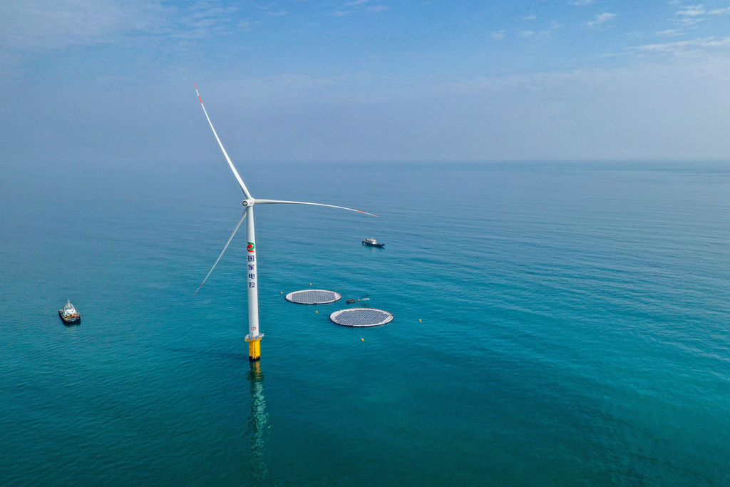 Ocean Sun's floating solar technology connected to offshore wind turbine in China (Courtesy of Ocean Sun)