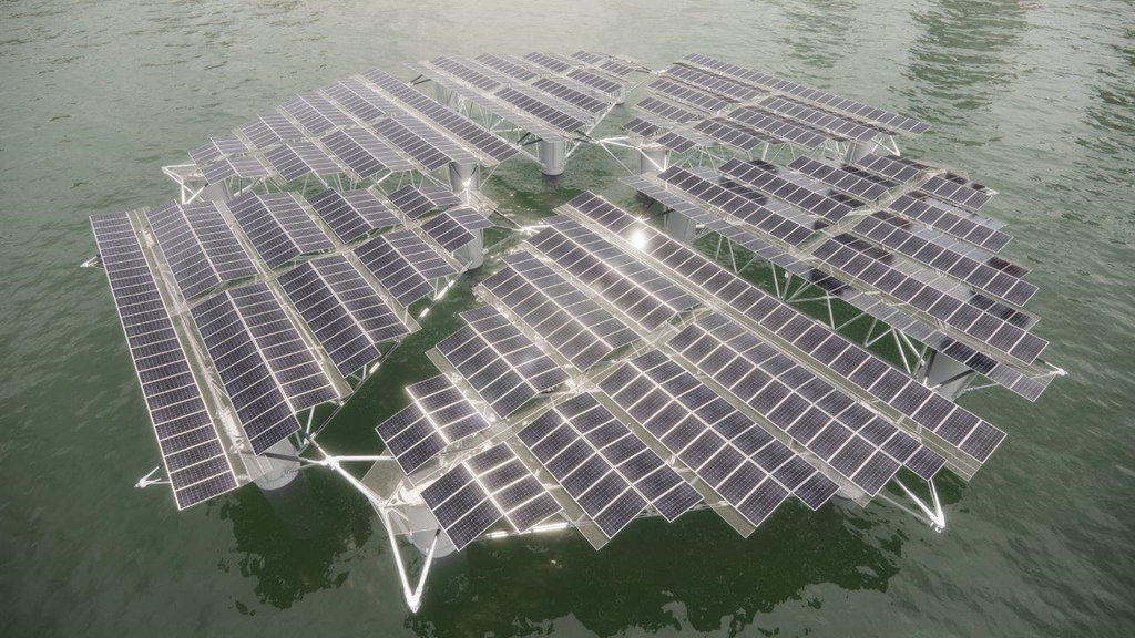 The illustration of the 500kWp Merganser offshore floating solar system (Courtesy of SolarDuck)