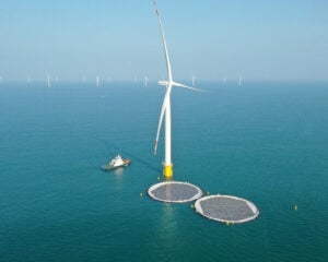 Ocean Sun's floating solar technology connected to offshore wind turbine in China (Courtesy of Ocean Sun)