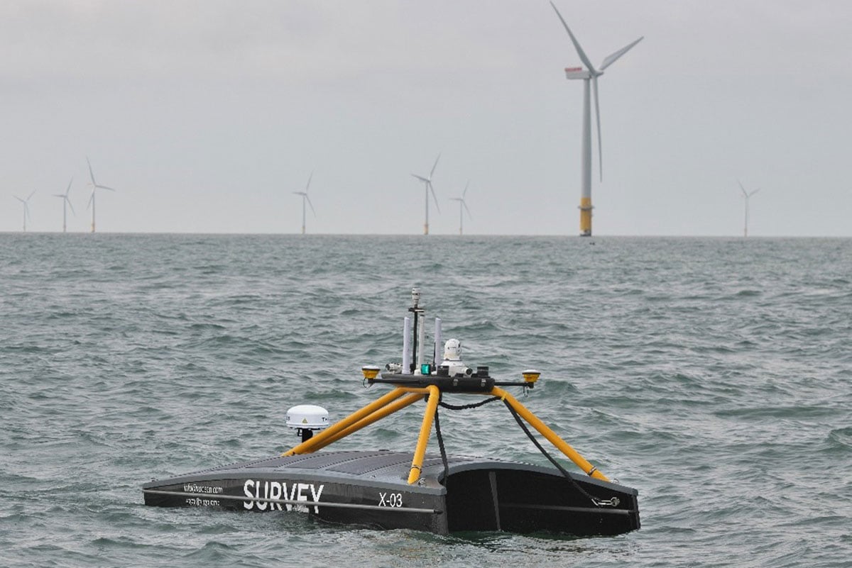 An uncrewed vessel at an offshore wind farm