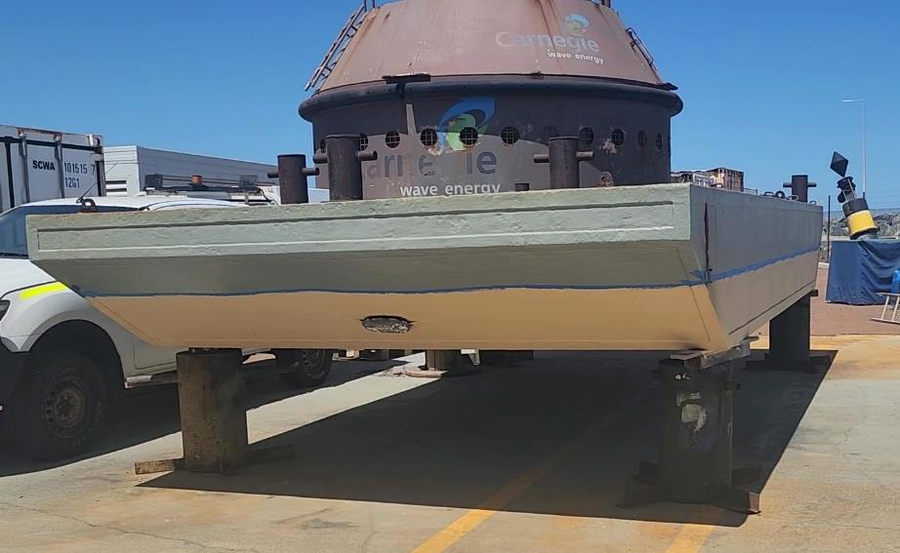 MoorPower scaled demonstrator barge undergoing preparatory works at Carnegie’s research facility (Courtesy of Carnegie Clean Energy)