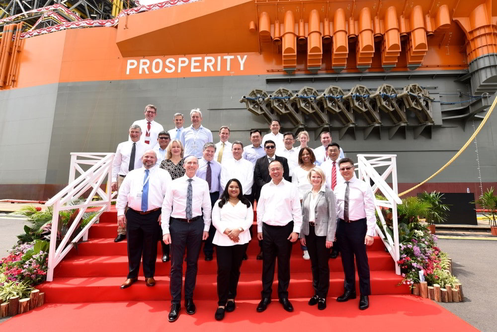 The naming ceremony for FPSO Prosperity, held at Keppel Shipyard, was graced by Arya Ali, First Lady of Guyana (first row: second from left) as well as Chris Ong (first row: third from left), CEO, Keppel Offshore & Marine, and senior management from ExxonMobil and SBM Offshore
