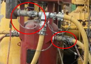 Temporarily installed air dryer with bull hose connections.
Original whip check position (Left Circle) and the location of the injured
person's hand placement on the air supply valve (Right Circle); Source: BSEE