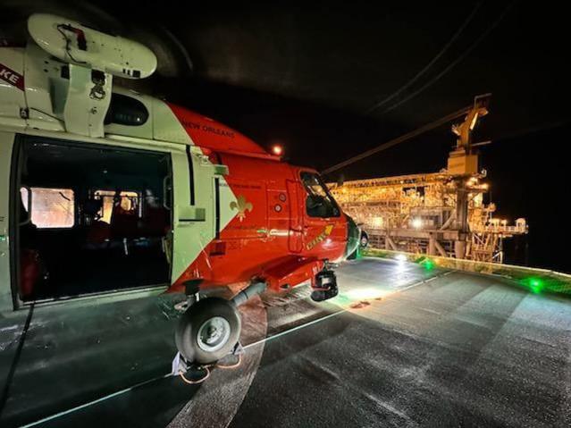 A Coast Guard Air Station New Orleans MH-60 Jayhawk lands on BP's oil platform Atlantis for a medevac; Credit: U.S. Coast Guard photo by Coast Guard Air Station New Orleans