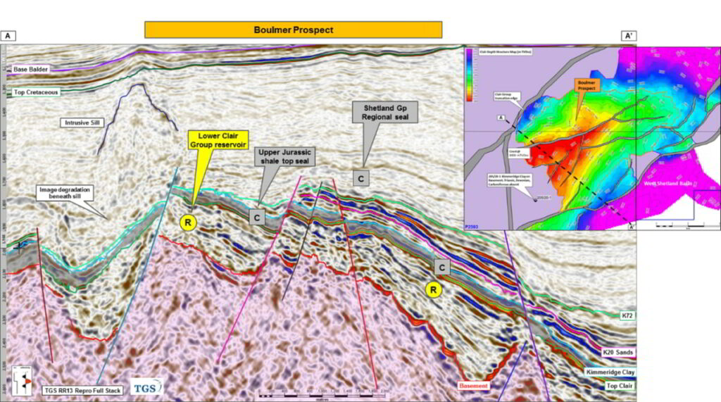 Boulmer Prospect 3D seismic line and structure map; Source: Spark New Energies