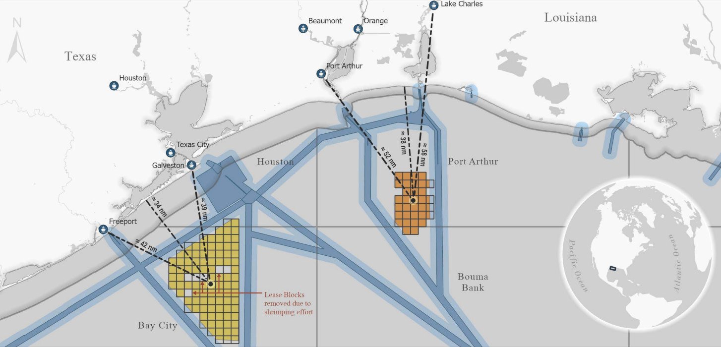 An image showing Gulf of Mexico wind lease areas offshore Texas and Louisiana on a map