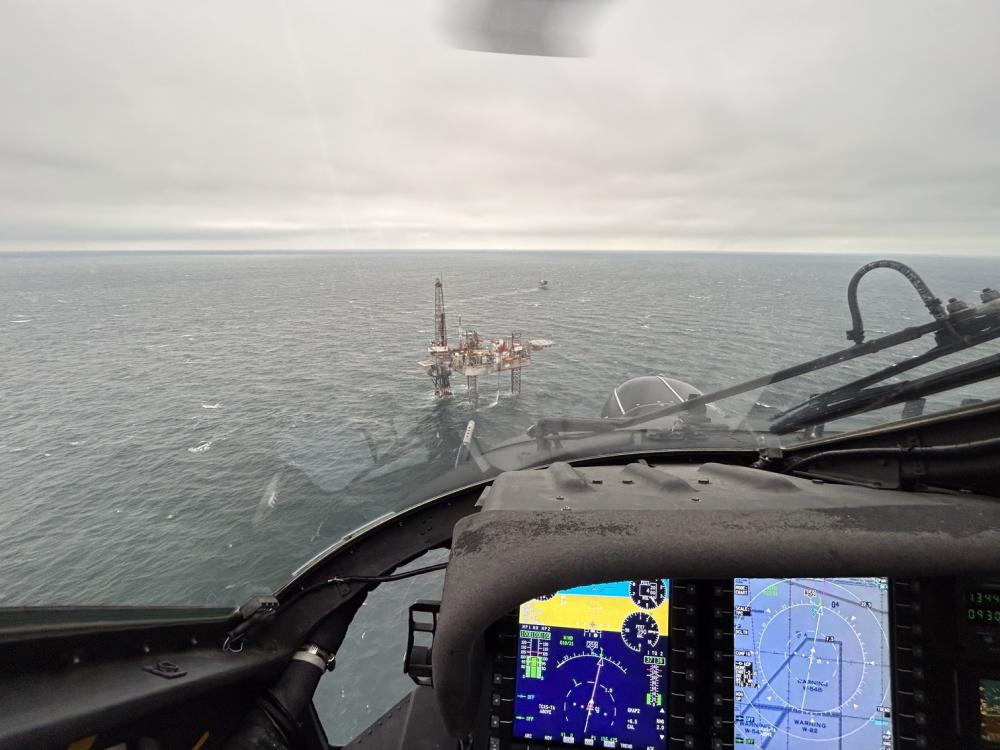 Coast Guard Air Station New Orleans MH-60 Jayhawk helicopter aircrew flying to a platform approximately 40 miles south of Port Fourchon, Louisiana; Source: U.S. Coast Guard photo by Air Station New Orleans