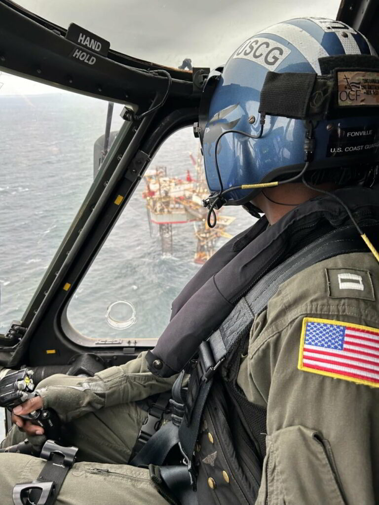 Coast Guard Air Station New Orleans MH-60 Jayhawk helicopter aircrew flying to a platform approximately 40 miles south of Port Fourchon, Louisiana; Source: U.S. Coast Guard photo by Air Station New Orleans