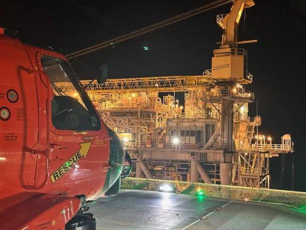 A Coast Guard Air Station New Orleans MH-60 Jayhawk lands on BP's oil platform Atlantis for a medevac; Credit: U.S. Coast Guard photo by Coast Guard Air Station New Orleans