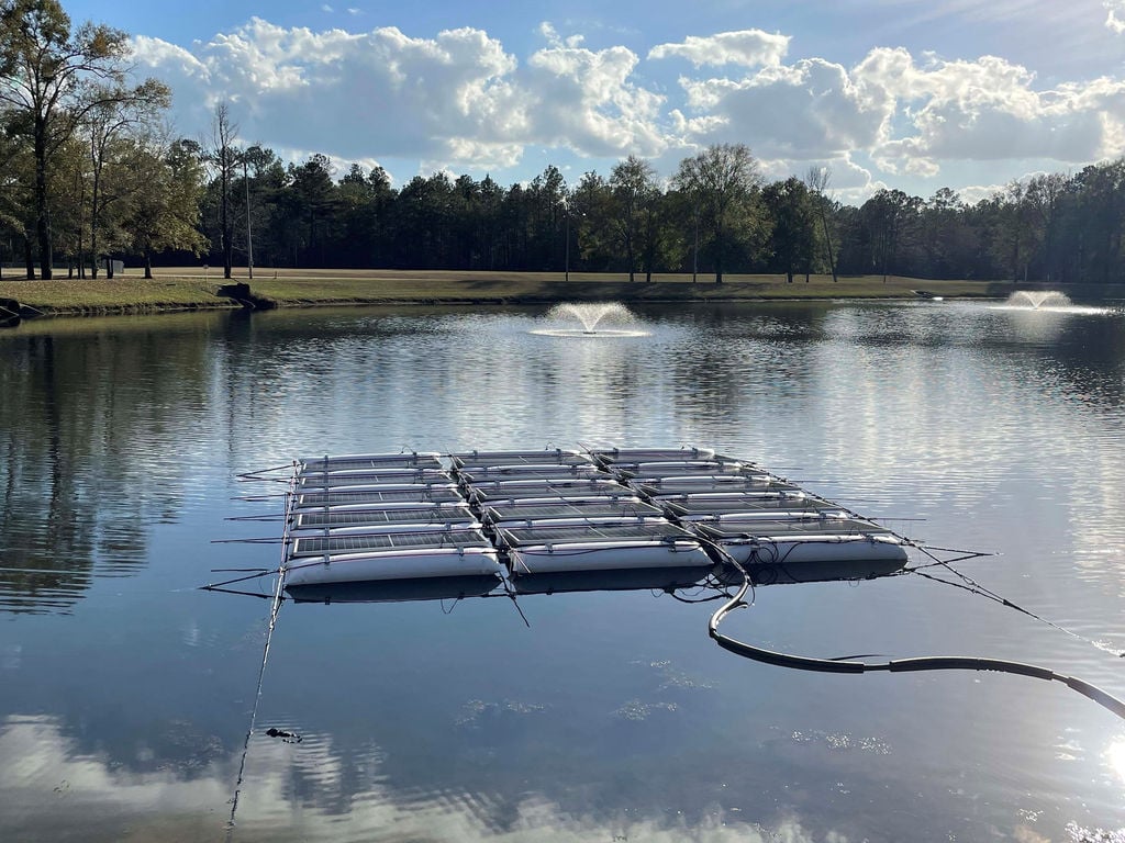 Noria Energy’s floating solar system installed at BASF’s McIntosh, Alabama production facility (Courtesy of BASF)