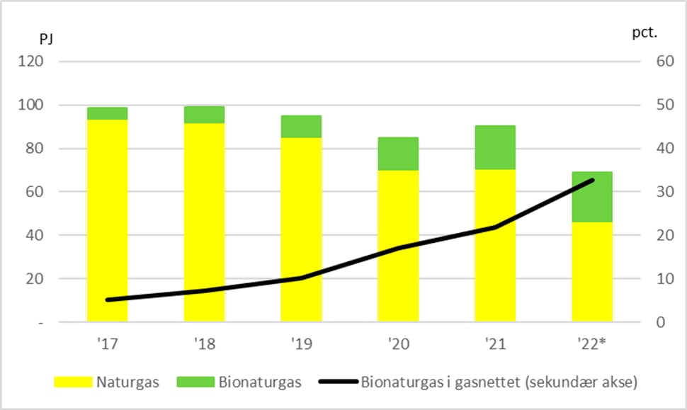 The share of bio-natural gas in the piped gas network was 33 per cent in 2022 and should be seen in the light of a generally large decrease in the consumption of pipeline gas; Source: The Danish Energy Agency