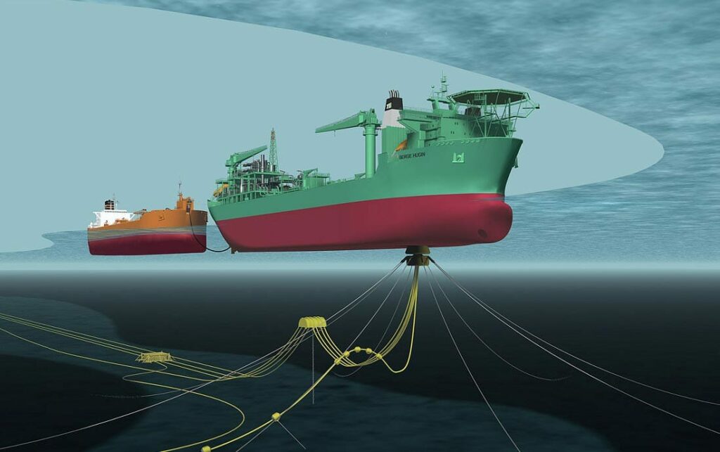 Illustration showing the Haewene Brim while offloading to a shuttle tanker; Source: Bluewater
