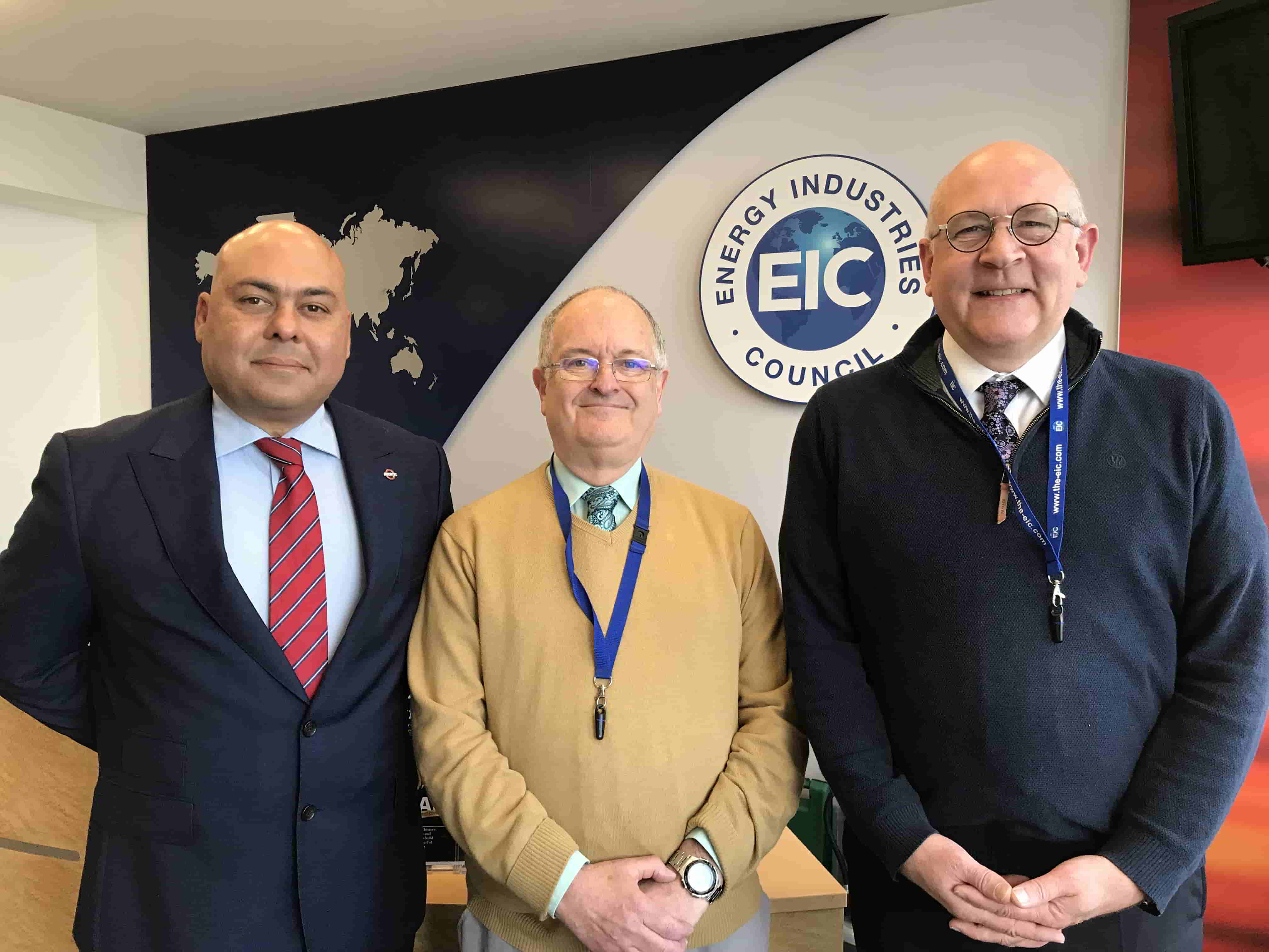 Left to Right of Picture-Andy Cuniah, new EIC chairman, Hugh Saville, outgoing chairman, Stuart Broadley, EIC CEO; Source: Energy Industries Council (EIC)