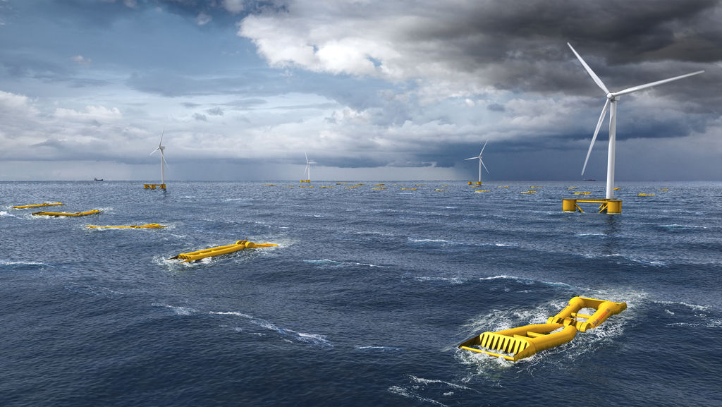 Illustration/Mocean Energy’s wave device with offshore wind turbines (Courtesy of Mocean Energy)