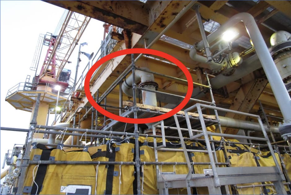 Worksite with flange and scaffolding, where the skillet was being installed; Source: BSEE