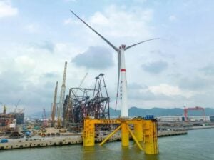 Haiyou Guanlan deepwater floating wind turbine in port before being towed to Wenchang oilfield