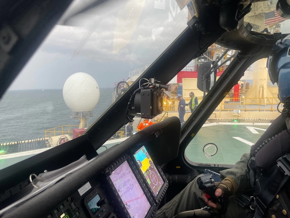 Air Station New Orleans MH-60 Jayhawk helicopter crew arrives on the scene to medevac a crew member near Grand Isle, Louisiana; Credit: U.S. Coast Guard photo by Air Station New Orleans