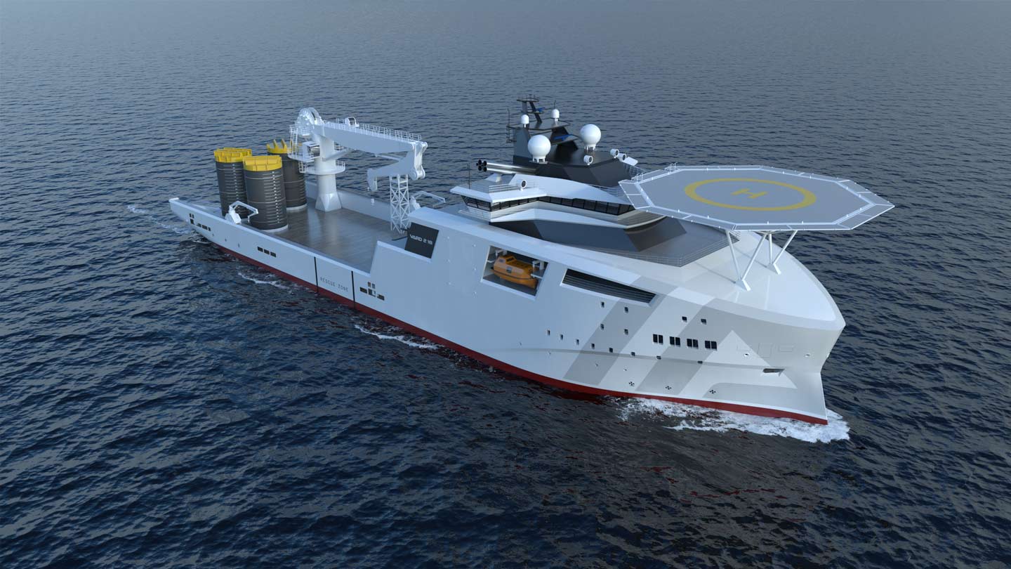 An illustration of VARD 2 18 vessel with ZeroClass design, specialised anchor handling vessel for zero emission operation of floating offshore wind turbines