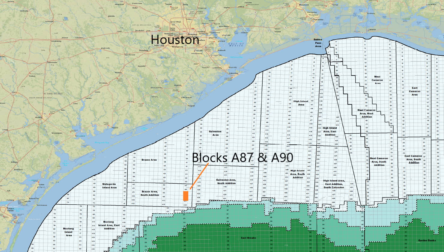 Big Apple location map –Brazos Area, South Addition Blocks A87 &A90 approximately 200 km South of Houston; Source: Prominence Energy
