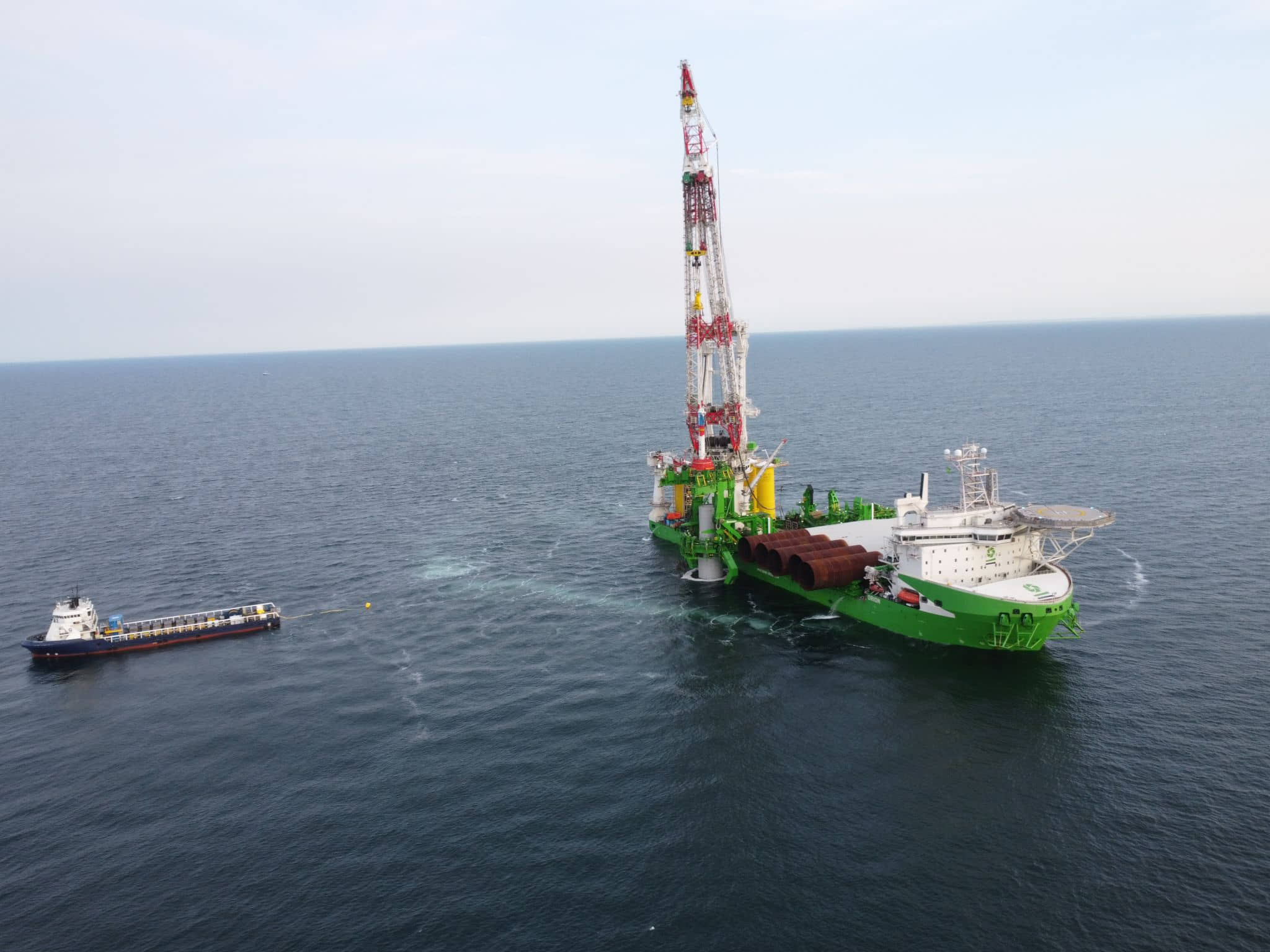 Following start-up of offshore works at the Vineyard Wind 1 project in the U.S., DEME's Orion specialised floating offshore installation vessel successfully installed the first of 62 foundations; Source: DEME