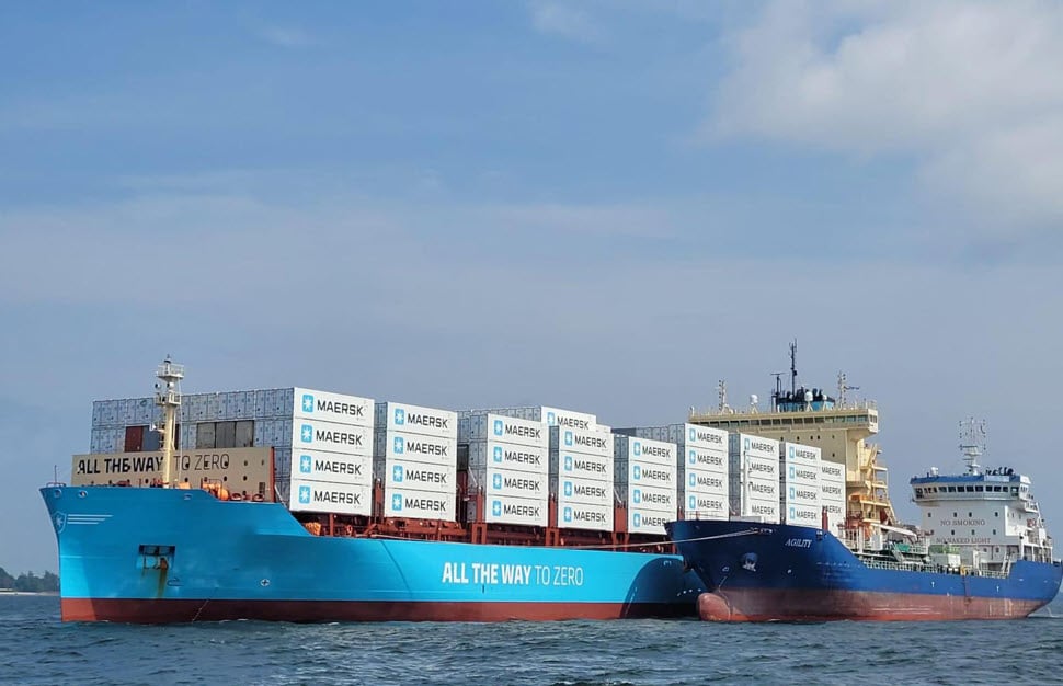 Maersk feeder bunkering with Agility tanker; Image credit Maritime & Port Authority of Singapore