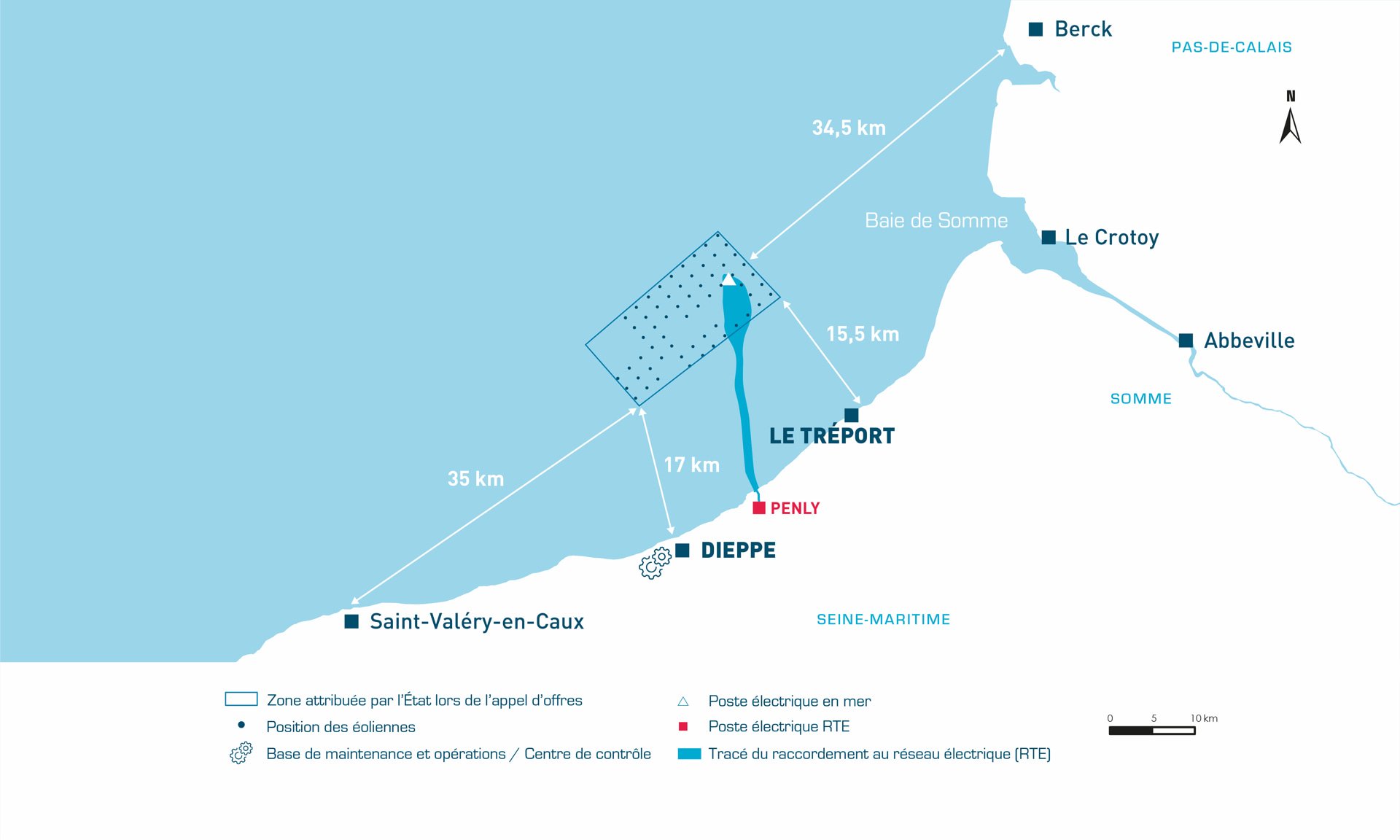 A map showing Dieppe Le Treport offshore wind farm location