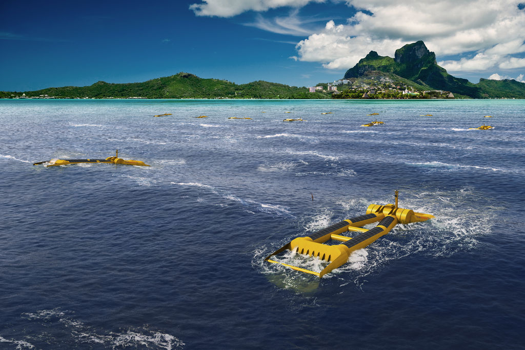 Rendering of Mocean Energy’s Blue Horizon 250 wave energy device providing power for islands (Courtesy of Mocean Energy)