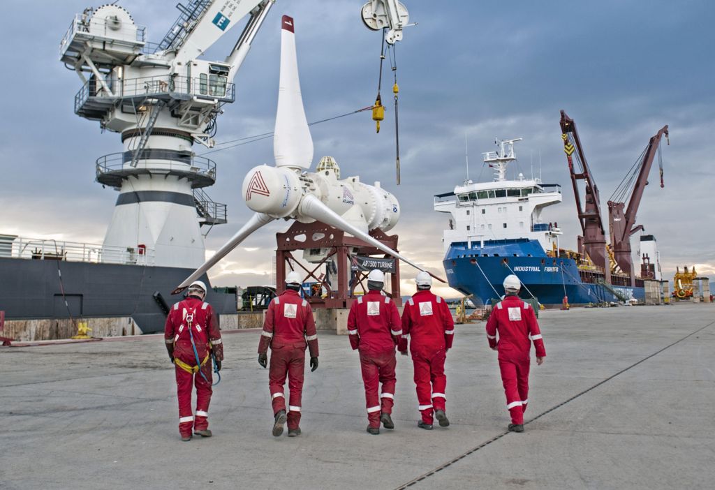 Illustration/Offshore energy crew preparing to install MeyGen tidal energy turbine off Scotland (Courtesy of SIMEC Atlantis)